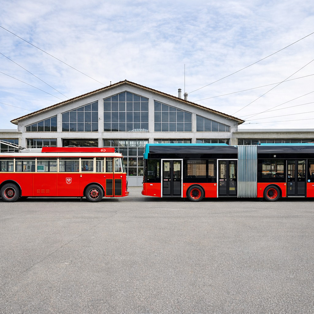 : Ein historischer roter Bus und ein moderner Gelenkbus stehen nebeneinander vor einem Depotgebäude.